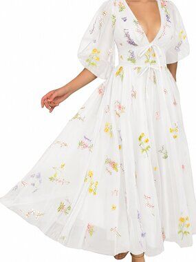 NWOT White Floral Embroidered Tulle Maxi Dress Size 12